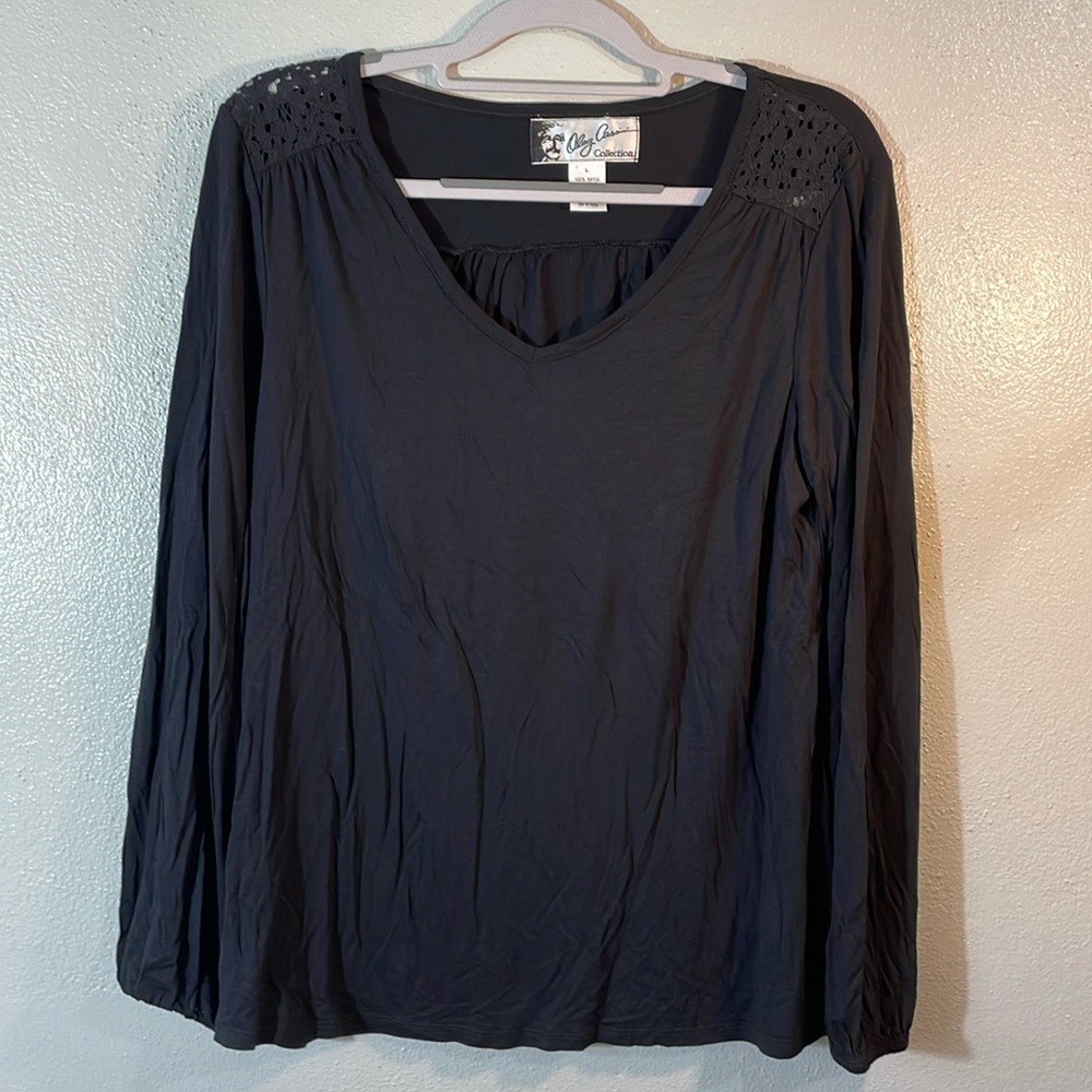 Olga Cassini Black Knit Top Lace Shoulder Accent Long Sleeve Women Large Elastic